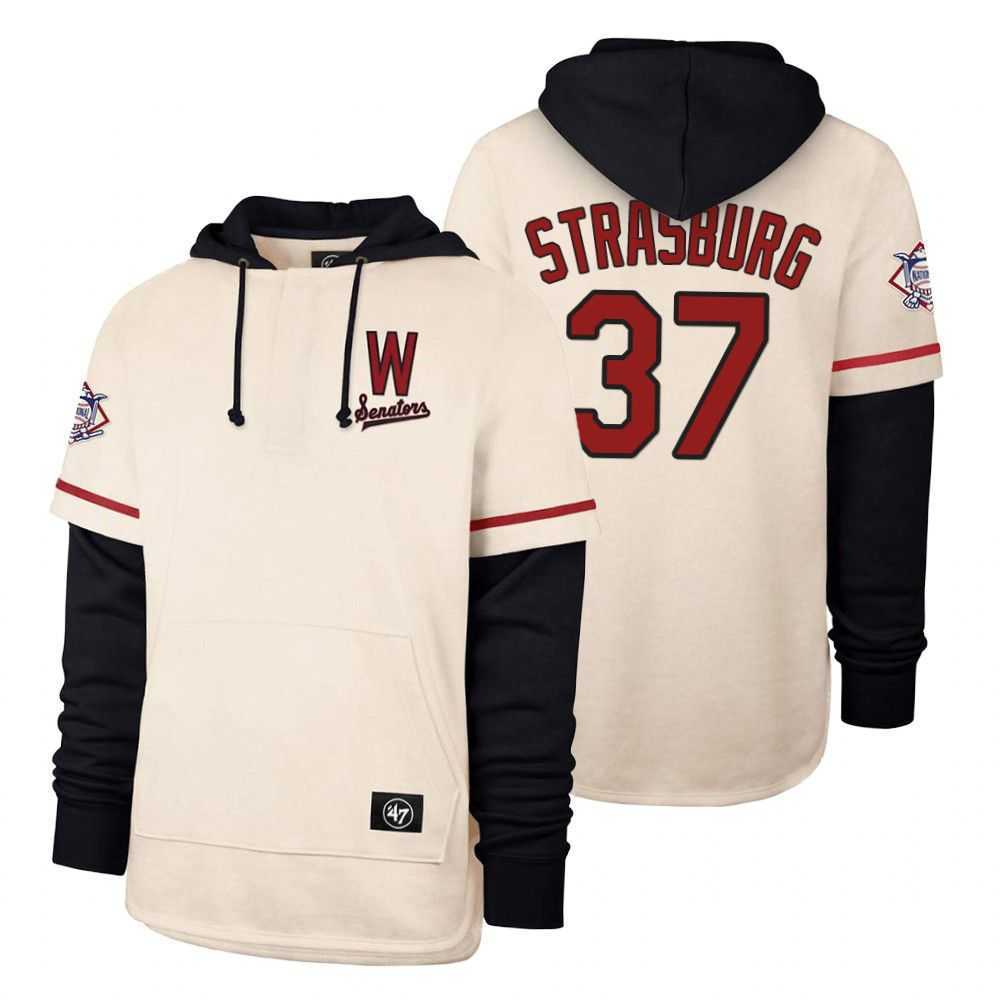 Men Washington Nationals 37 Strasburg Cream 2021 Pullover Hoodie MLB Jersey